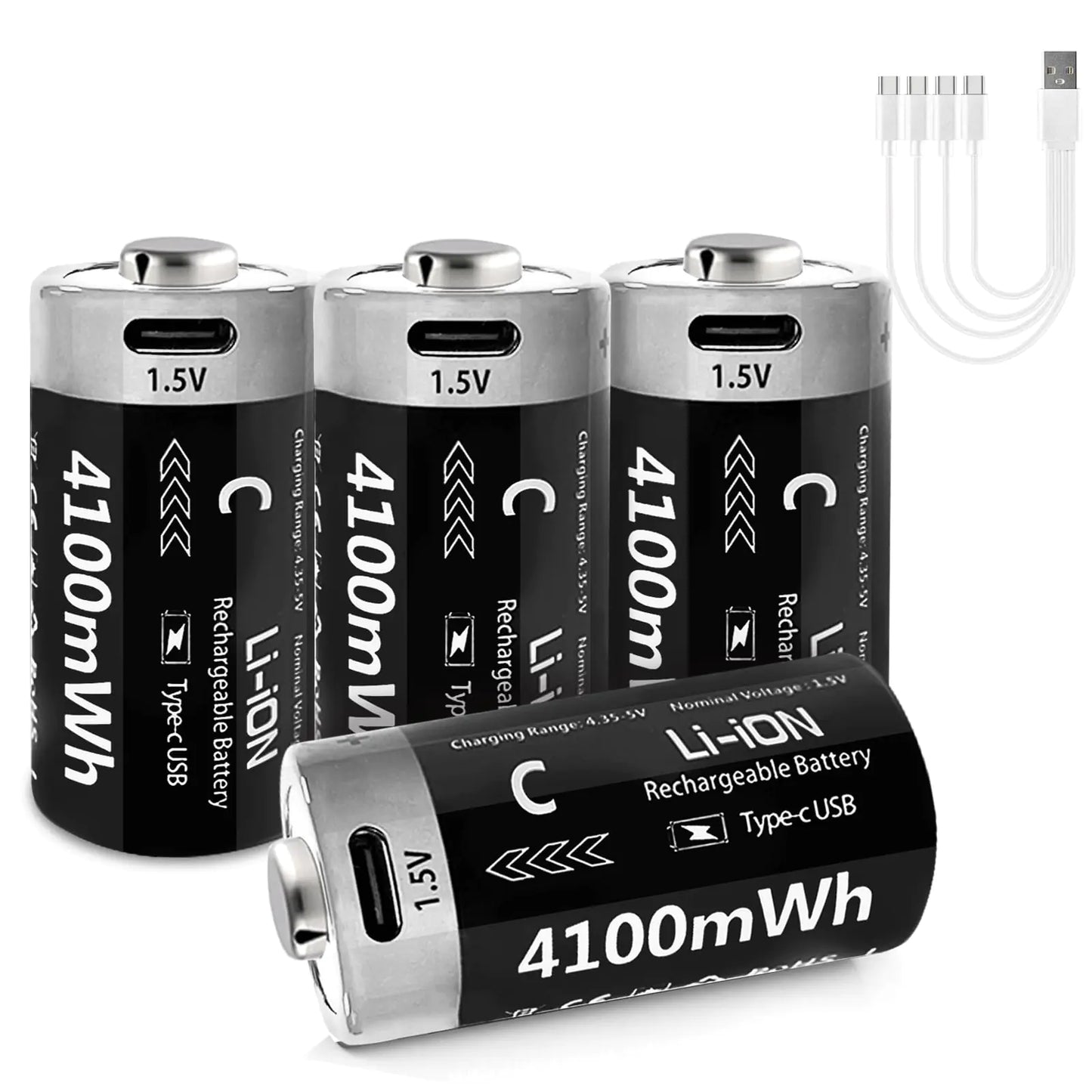 LDSMNLI 4 Pack Rechargeable C Lithium Batteries with USB-C Charging Cable 1.5V Lithium-ion C Battery 4100mWh C Size Li-ion Batteries for Toys Flashlights Clocks