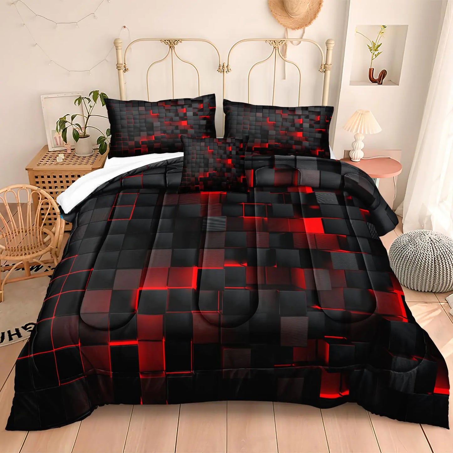 Bedbay Black Checkered Comforter Set King Size Plaid Bedding 4 Pcs Stereoscopic Glowing Square Geometric Printing Quilt Set Boys Girls Black Red Grid Bedding Set King Duvet Set (Red BlackKing)