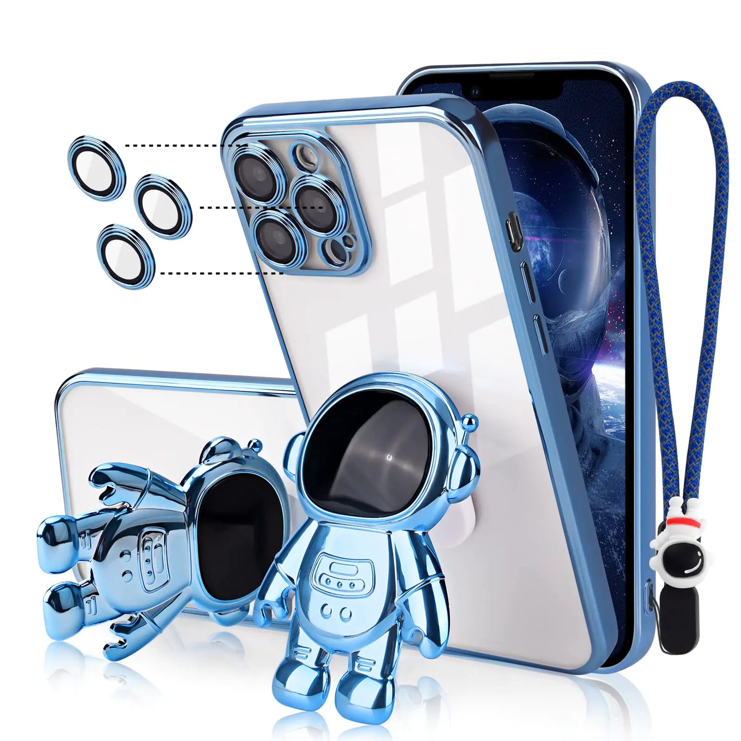 Newseego Compatible iPhone 12 Pro Max Case (6.7 Inch)Astronaut Hidden Stand Case with Lens Film Protective,Clear PC Back Cute Astronaut Stand with Chain Strap Plating Phone Case-Blue