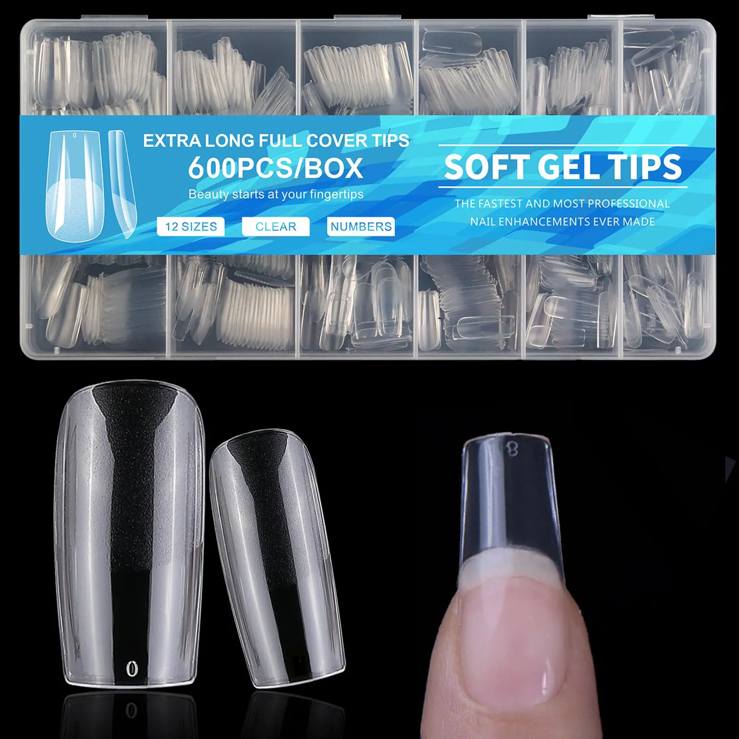 Zhousiart Square Nail Tips 600pc Medium Gel x Nail Tips Square Shape Clear Fake Nails Tips 12 Size Soft Gel Nails for Acrylic Nail Extension Press on Nails Making
