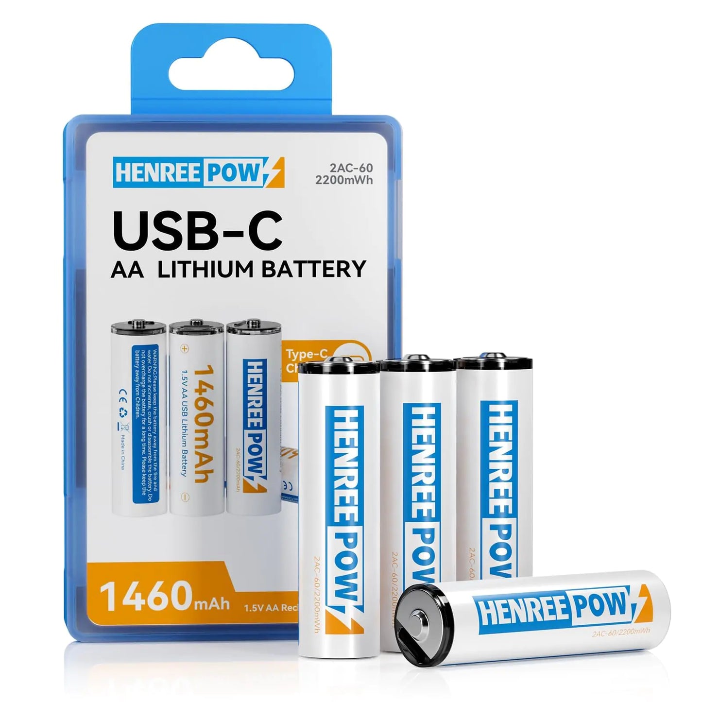 Henreepow Rechargeable AA Batteries USB Lithium Double A Battery 1.5H USB C Fast Charging 1.5V Constant Voltage 1200 Cycle Long Lasting Power Batteries (4 Pack)