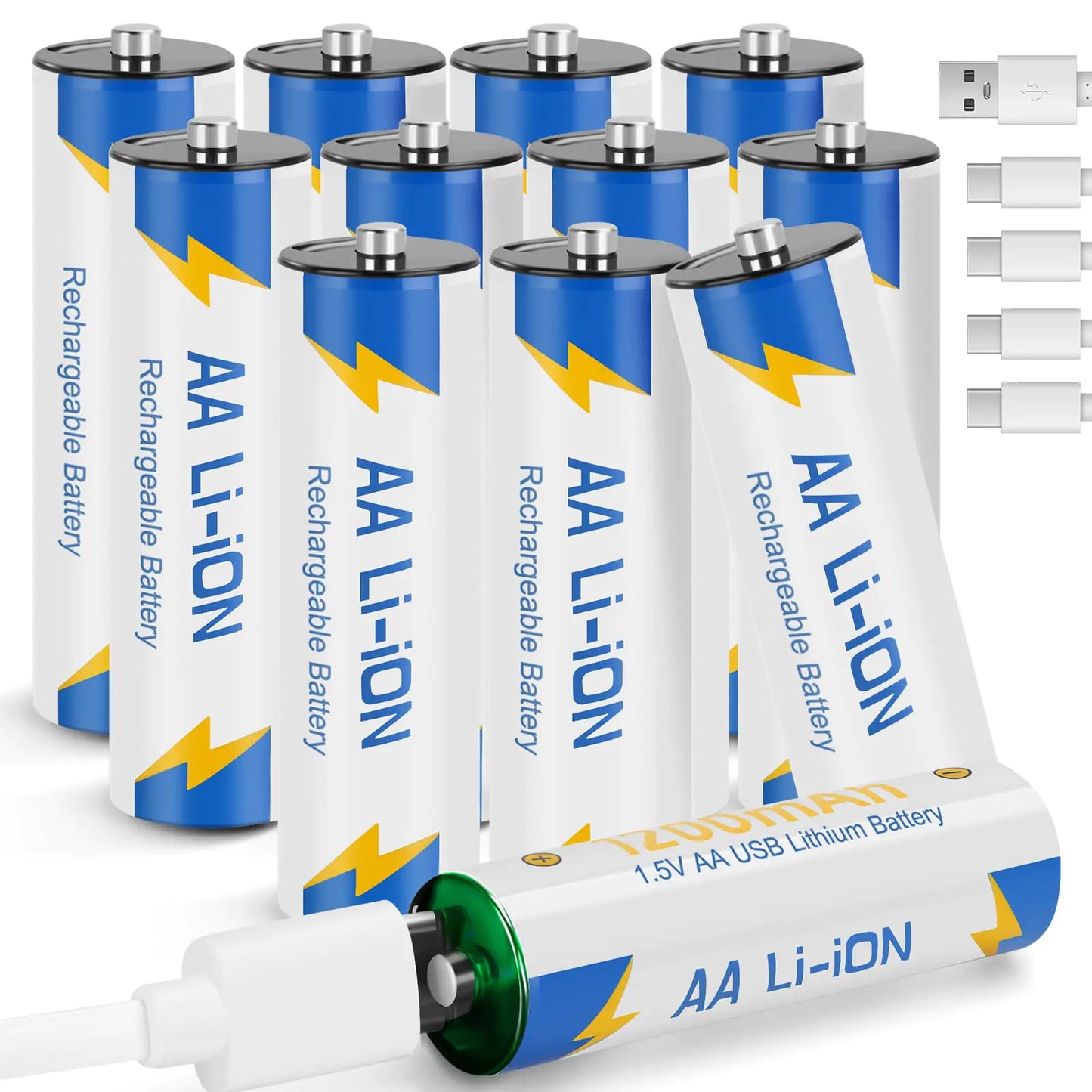 messule 12 Pack USB Rechargeable AA Lithium Batteries 1.5V 1200mAh Li-ion Battery with 4 in 1 USB-C Charging Cable2H Fast ChargingDouble A Size Cell Batteries