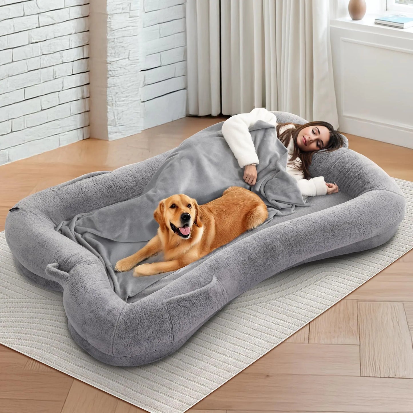 Redlife Human Dog Bed with Blanket and Side Pocket Extra Large (Gray)
