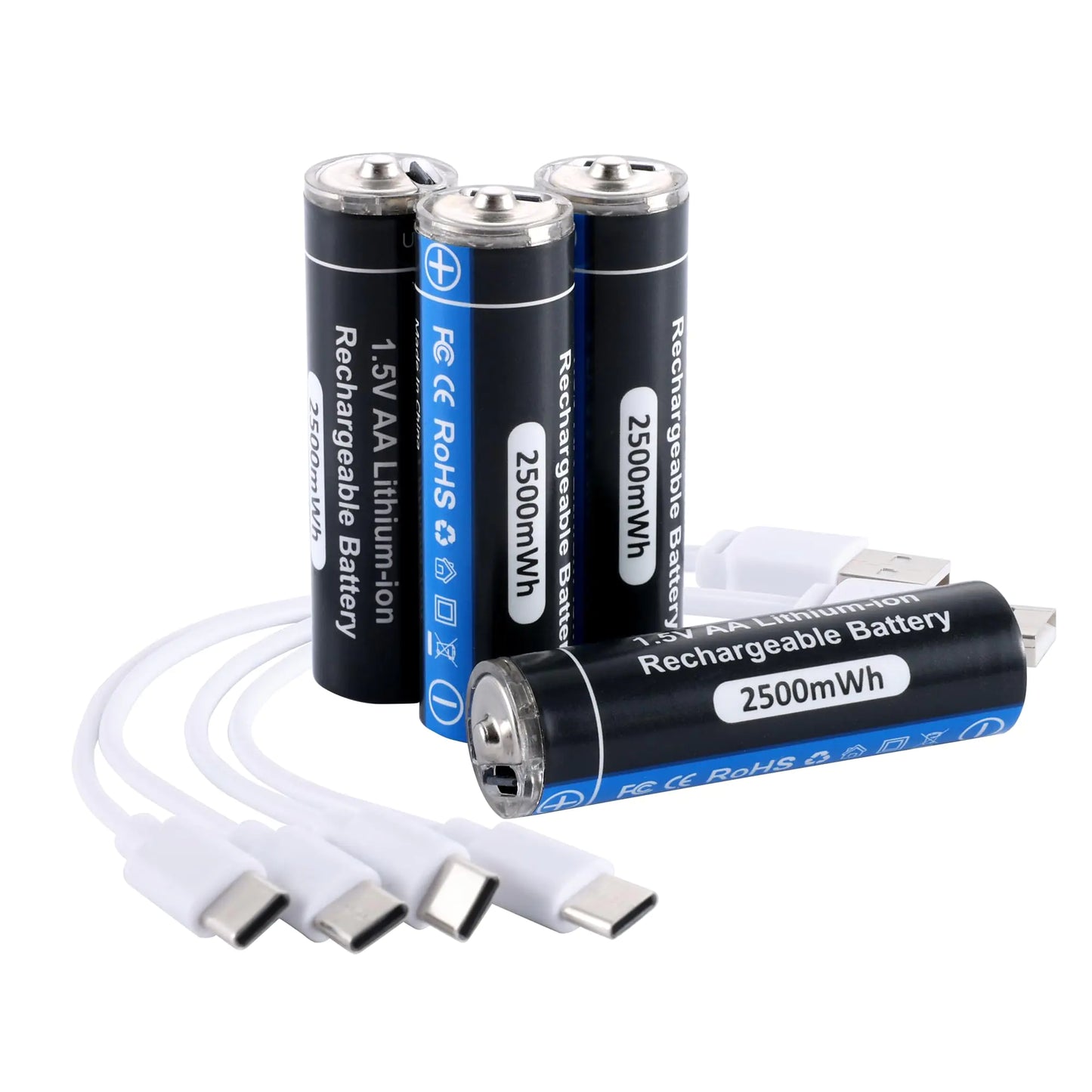 USB-C Rechargeable AA Batteries Lithium Ion 1.5V 2500 mAh USB Batteries 1 Hour Fully Charged Over 1000 Cycles 2 * 2-in-1 USB-C Charging Cables LED Charge Indicator 4 Pack