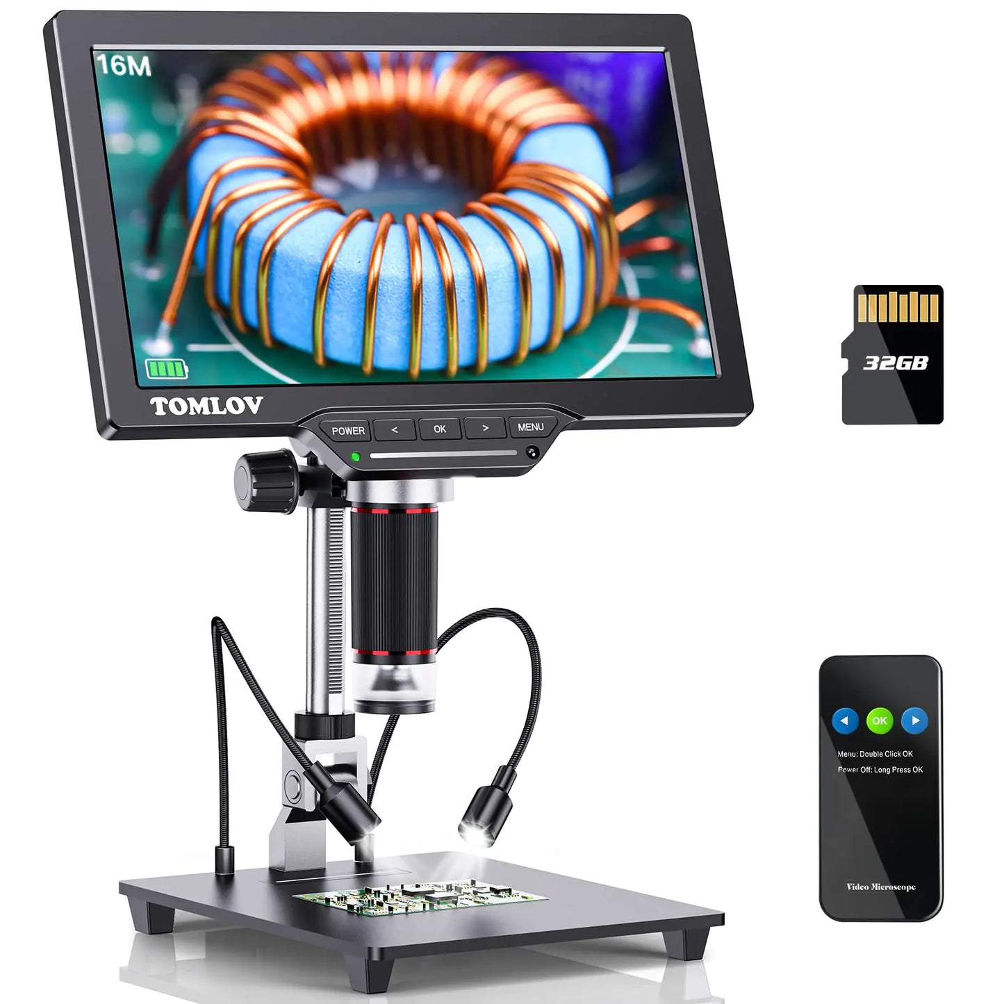 TOMLOV DM202 HDMI Digital Microscope10.1 Inch LCD Microscope16MP Coin Microscope Camera with Screen for Adults Micro Soldering Microscope TV/Windows/Mac Compatible 32GB Card Included