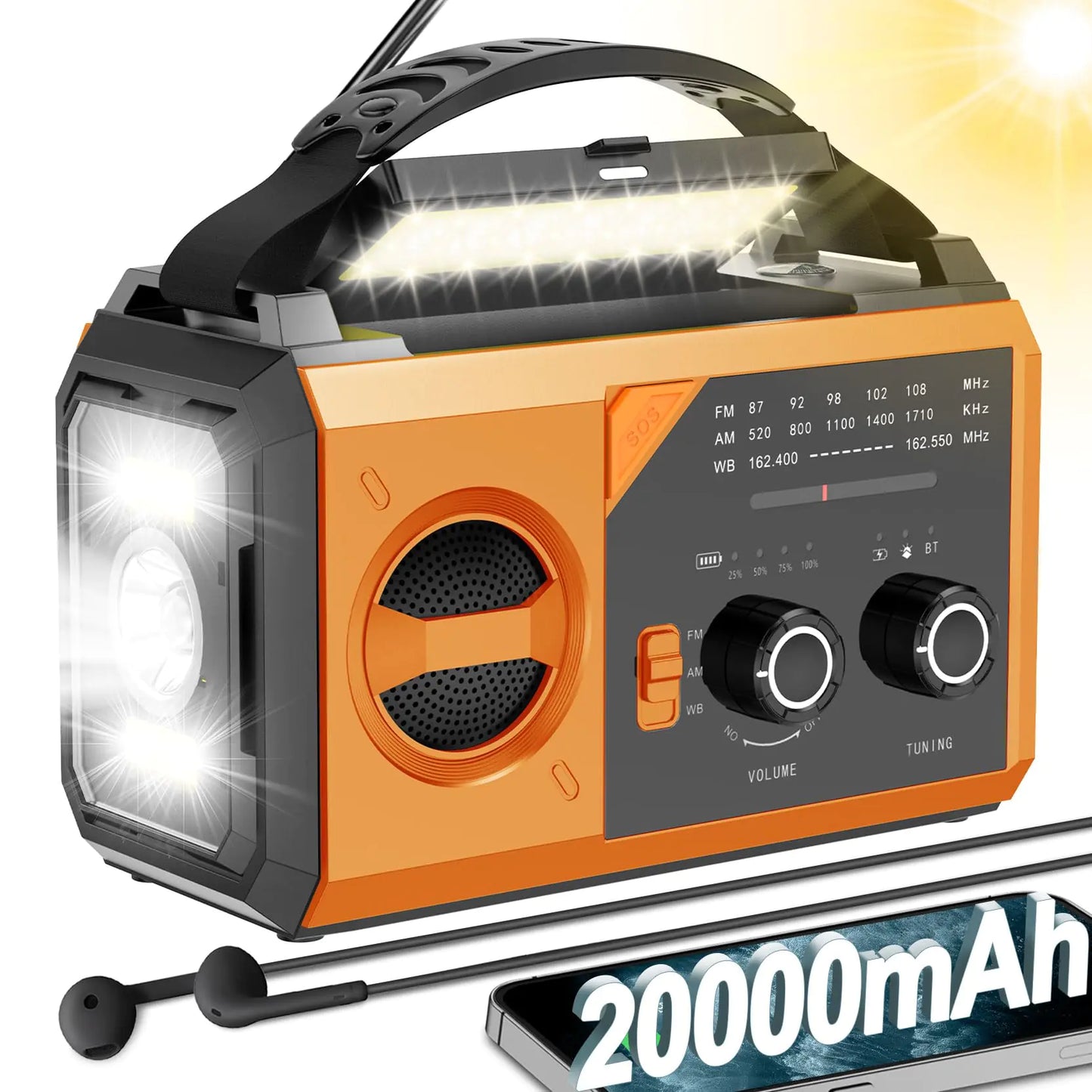 20000mAh Emergency Weather Radio Radio Portable AM/FM/NOAA Hand Crank Radio Solar Radio with USB/Solar/Hand Crank Charging Headphone Jack SOS Alarm Phone Charger Reading Lamp for Emergency