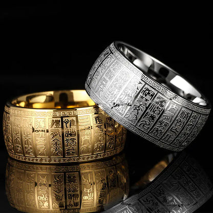 Buddhist Series Titanium Steel Mantra Meditation Ring
