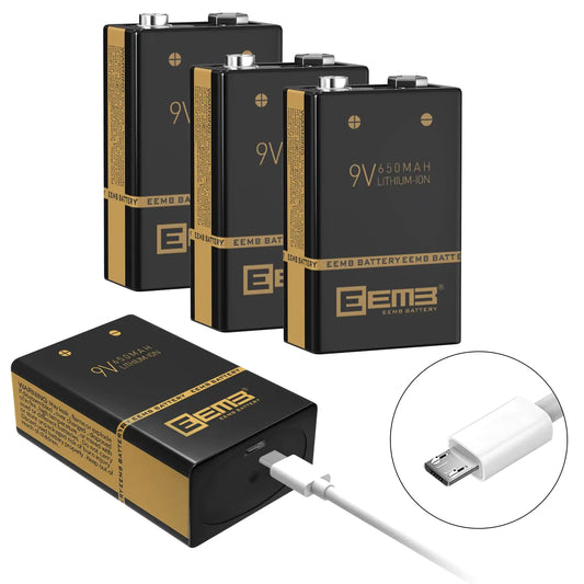EEMB Rechargeable 9V Battery 650mAh 9 Volt Lithium-ion Batteries with USB Charging Cable Li-ion Rechargeable Battery 6F22 for Keyboard Microphone Smoke Alarm/Detector Guitar (4 Pack)