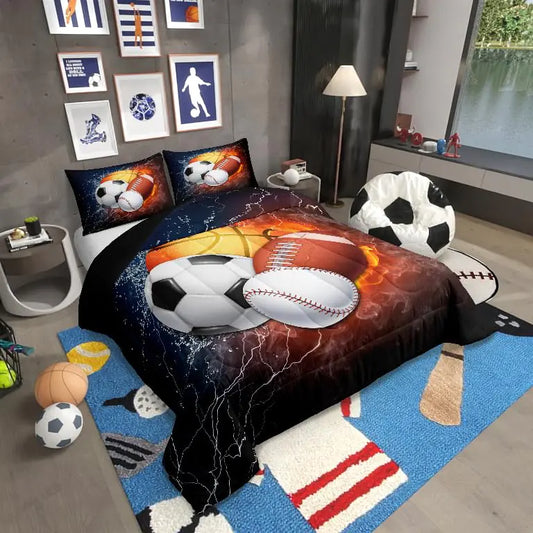 Basketball Bedding Set King Soccer Comforter Set for Boys Girls Football Bedding Baseball Comforter for Teens Kids Bedroom Decor Luxury Baseball Stuff Black Sport Room Decor Childrens Birthday Gifts