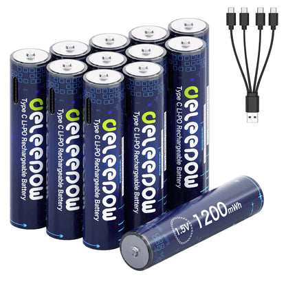 Deleepow Rechargeable AAA Batteries 1200mWh AAA Lithium Rechargeable Batteries 12-Pack 1.5V AAA Rechargeable Battery with USB Cable 1500 Cycle
