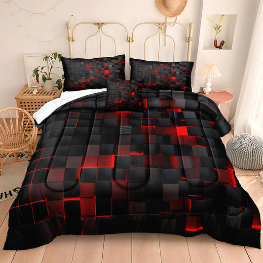 Bedbay Black Checkered Comforter Set King Size Plaid Bedding 4 Pcs Stereoscopic Glowing Square Geometric Printing Quilt Set Boys Girls Black Red Grid Bedding Set King Duvet Set (Red BlackKing)