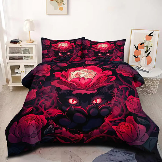 CCoutueChen Vintage Rose Comforter Set King Size Red Rose Bedding Set Black Cat Comforter Cute Anime Cartoon Cats Bed Comforter Funny Floral Animal Down Alternative Comforter Sets for Boys Girls