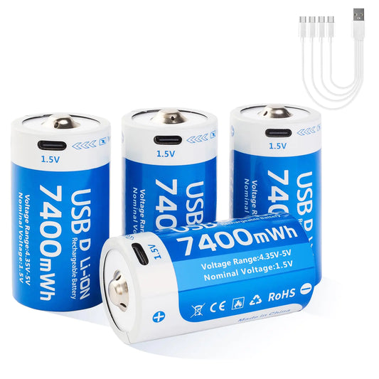 insziii Rechargeable D Batteries 4 Pack 7400mWh Long-Lasting D Size Lithium Batteries 1.5V High Capacity D Cell Li-ion Battery with USB-C Charging Cable for Flashlight Water Heater Gas Stove