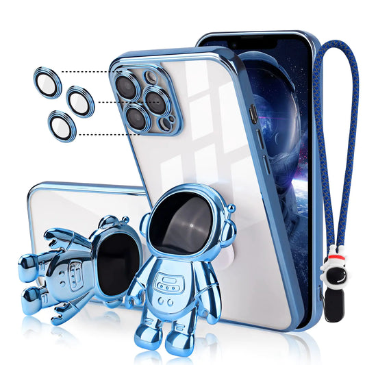 Newseego Compatible iPhone 12 Pro Max Case (6.7 Inch)Astronaut Hidden Stand Case with Lens Film Protective，Clear PC Back Cute Astronaut Stand with Chain Strap Plating Phone Case-Blue