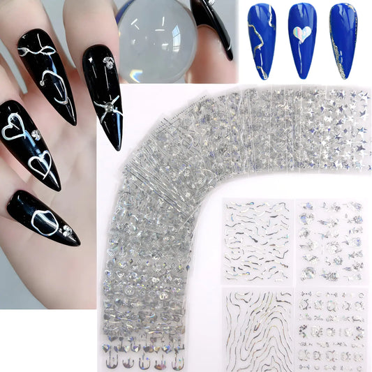 30 Sheets Silver Nail Art Stickers Decals 3D Self-Adhesive Flower Nail Supplies for Acrylic Nails Laser Line Lace Leaf Nail Stickers for Nail Art Glitter DIY Design Nail Decals for Women