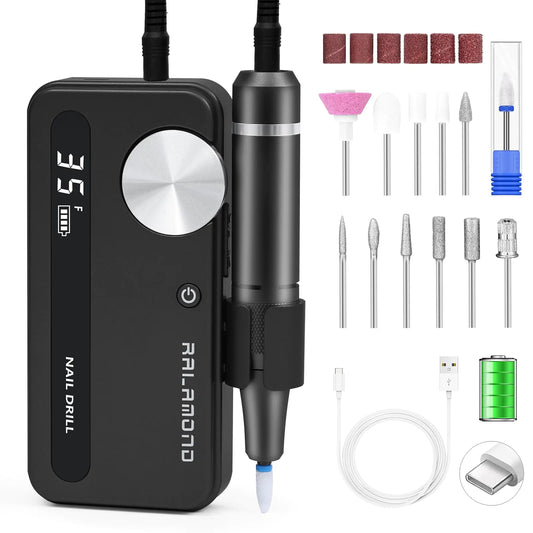 RALAMOND 35000RPM Nail Filer Electric Nail Drill Professional Cordless Nail Drill Machine Portable Rechargeable Nail Drill Drill Nails Tool for Manicure Pedicure Salon & Home (Black)