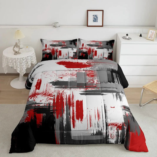 Feelyou Abstract Comforter Modern Abstract Art Comforter Set for Boys Girls Children Red Grey Black Pattern Bedding Set Room Decor Queen Size Duvet Set 3Pcs
