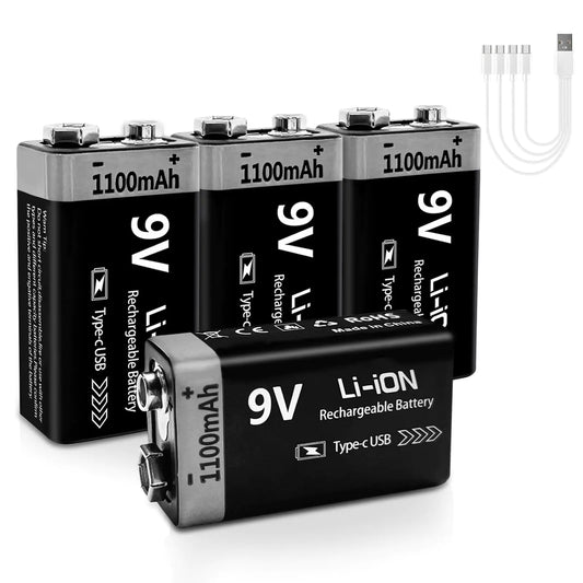 LDSMNLI USB Rechargeable 9V Lithium Batteries - 4 Pack 1100mAh Long Lasting Li-ion Batteries with 4-in-1 USB C Charging Cable for Wireless Microphones Smoke Alarms Metal Detectors Guitar
